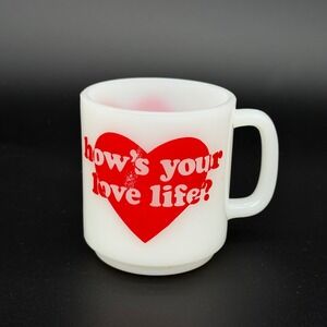 Vintage Glasbake Milk Glass Mug How's Your Love Life Red Heart Valentine Coffee